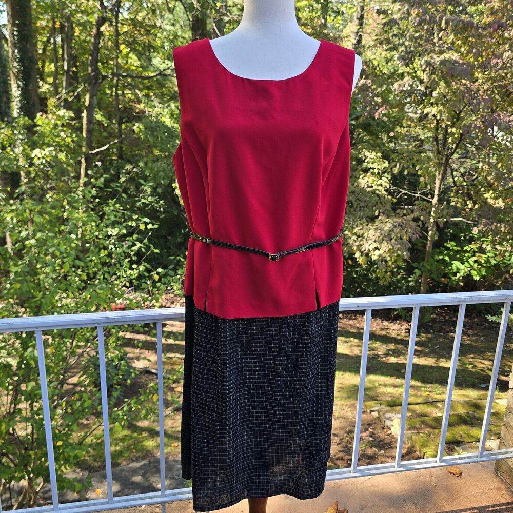 80s Wmns Perceptions Red Black Check Vtg Midi Dress Blazer Suit Set Outfit‎ 14W - Picture 3 of 10